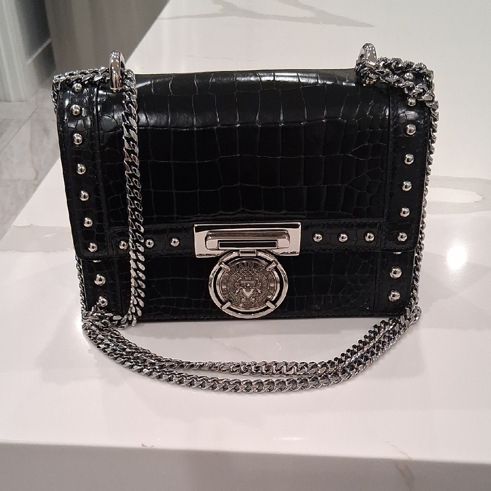 Black Croc-Embossed Chain Shoulder Bag
